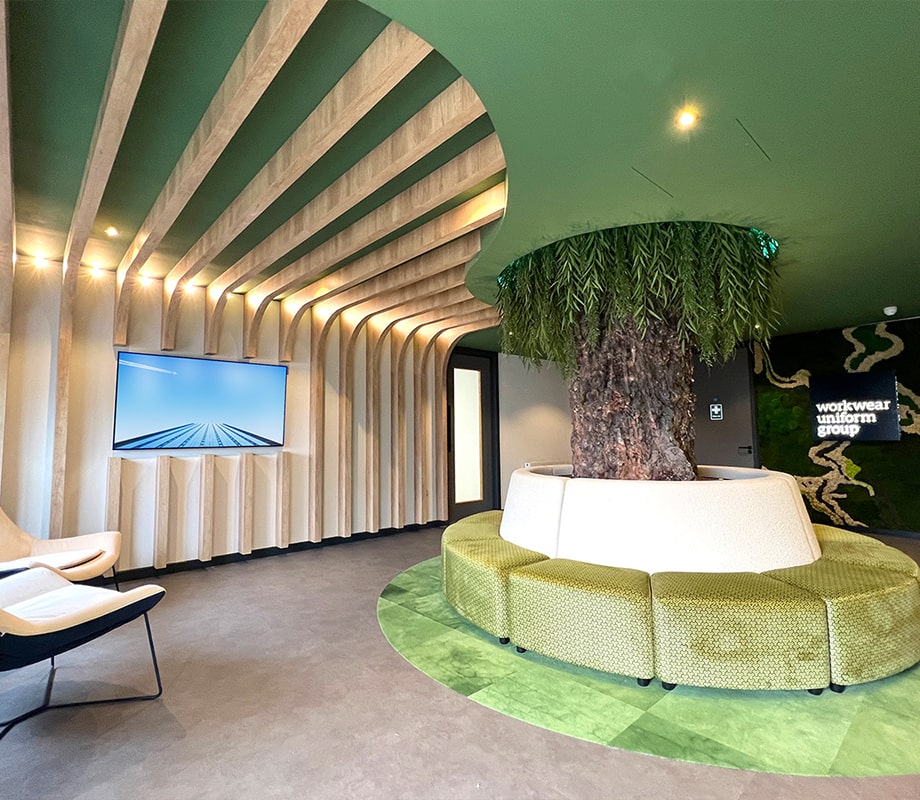 Office space built around a tree biophilic feature