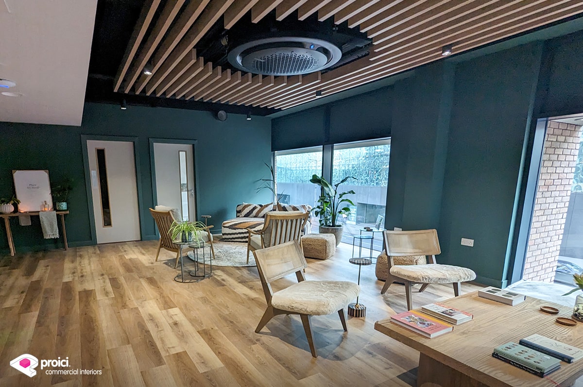 Open plan wood based wellbeing office design