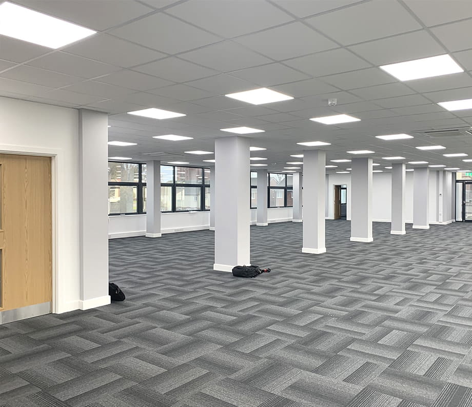 Cat A fit out office space with raised floors, suspended ceilings and base mechanical and electrical services
