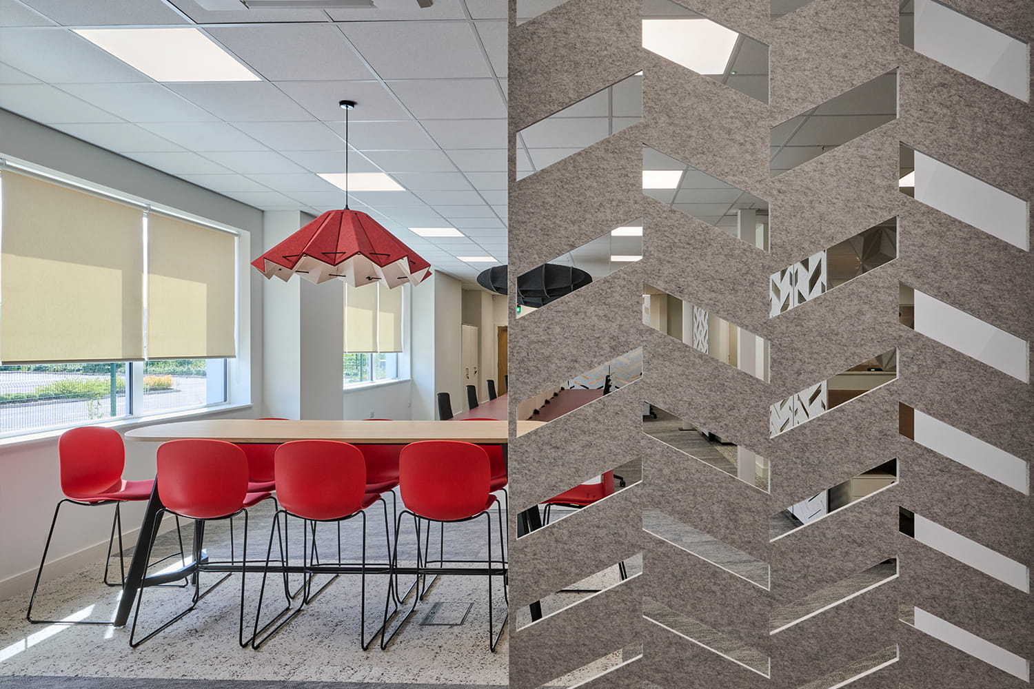 Acoustic baffles and pendant lighting within DiversiTech International’s Nottingham office design