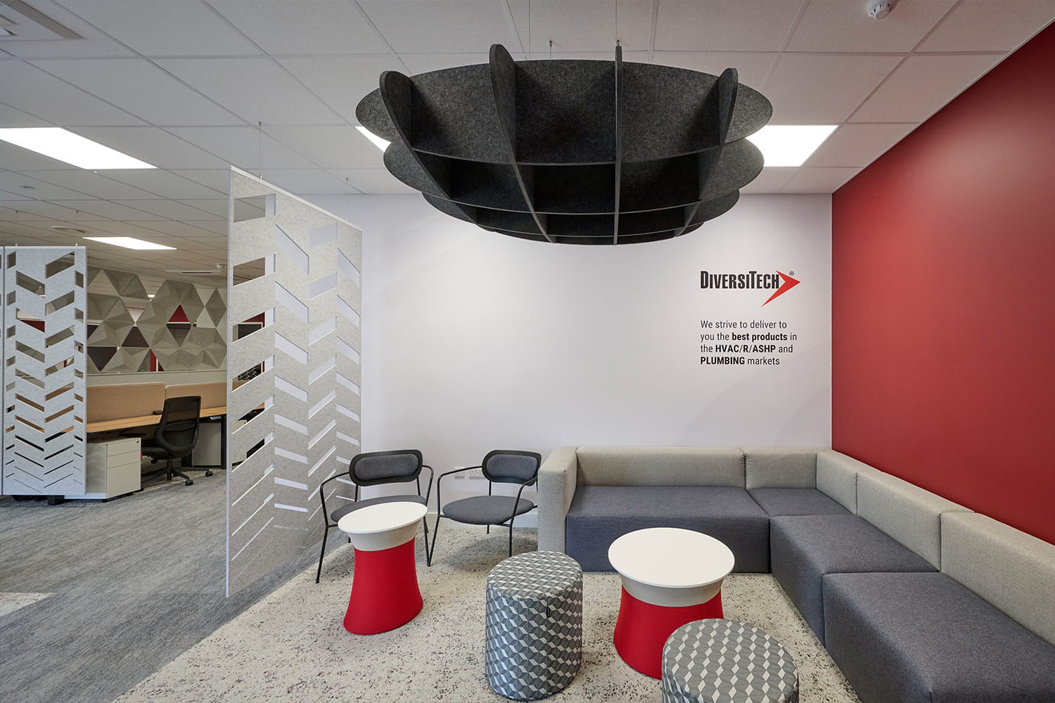Office breakout space with branded seating at DiversiTech International’s Nottingham headquarters